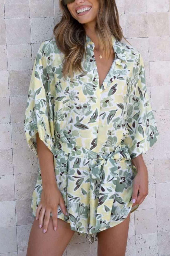 Arica Blue Floral Tied Shirt Romper
