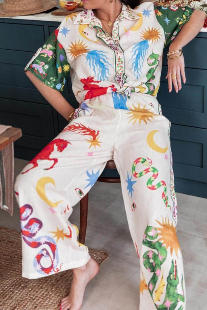 Coraline-Unique Print Short Sleeve Loose Shirt And Elastic Waist Pants Set