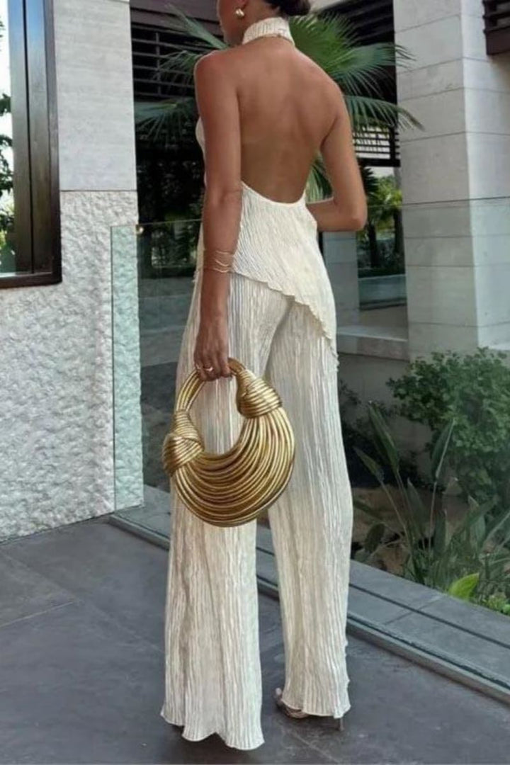 Buffy Sleeveless Halter Top High Waist Casual Wide Leg Trousers Suit