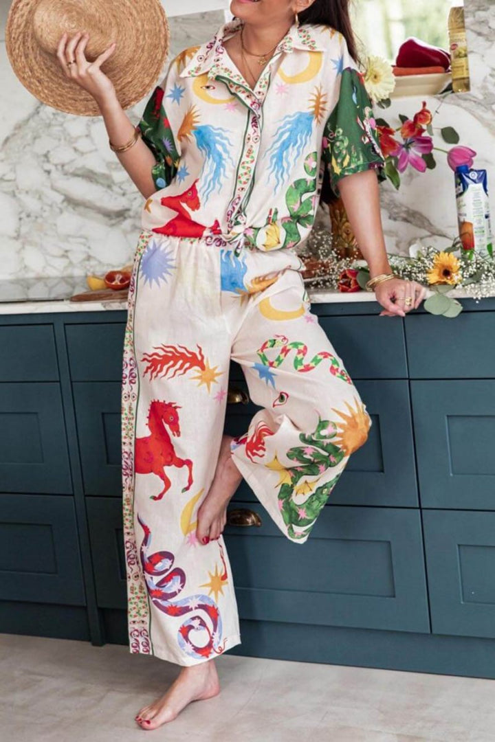 Coraline-Unique Print Short Sleeve Loose Shirt And Elastic Waist Pants Set