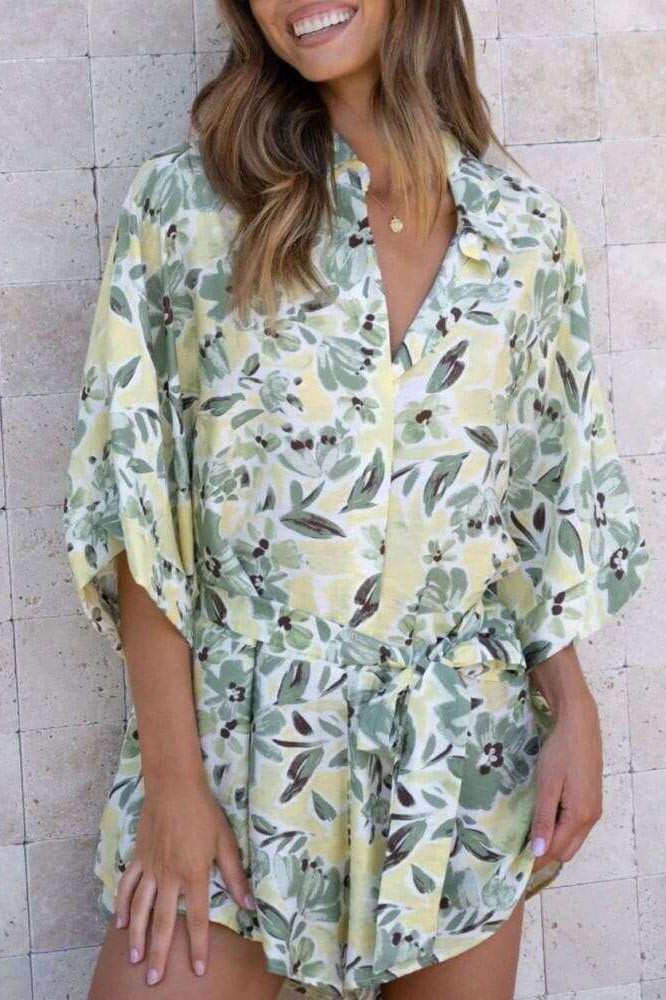 Arica Blue Floral Tied Shirt Romper