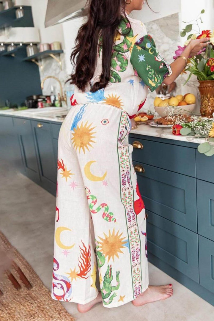 Coraline-Unique Print Short Sleeve Loose Shirt And Elastic Waist Pants Set
