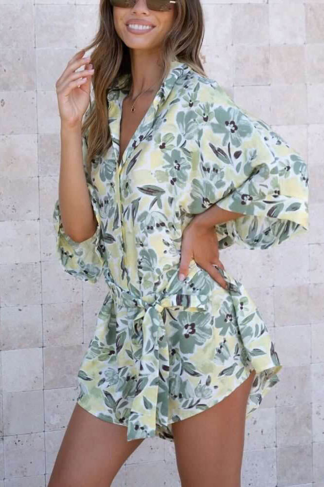 Arica Blue Floral Tied Shirt Romper