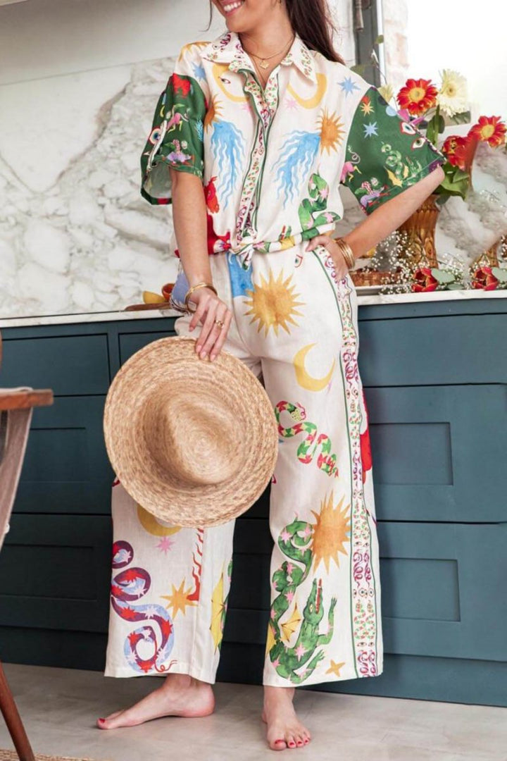 Coraline-Unique Print Short Sleeve Loose Shirt And Elastic Waist Pants Set