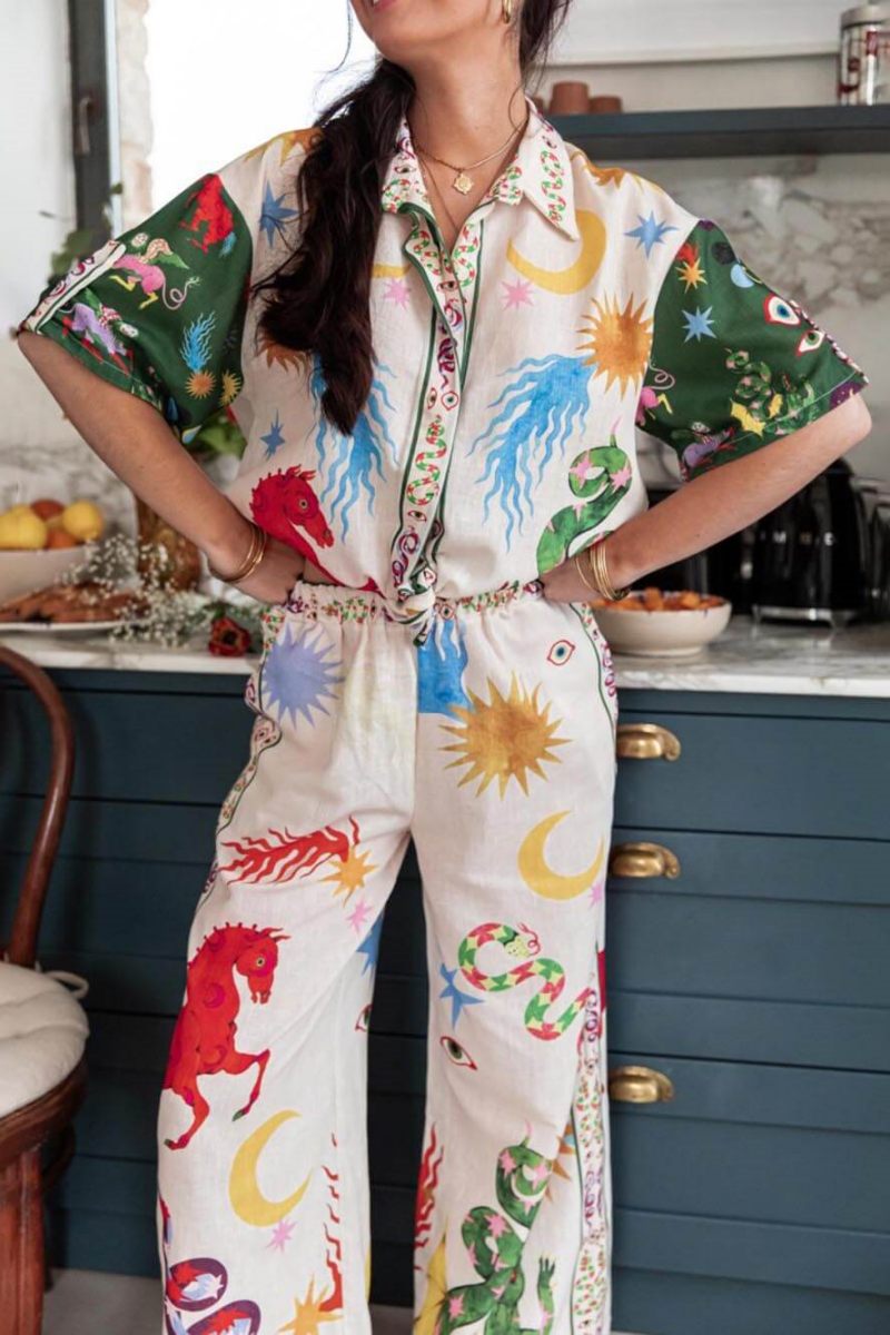 Coraline-Unique Print Short Sleeve Loose Shirt And Elastic Waist Pants Set