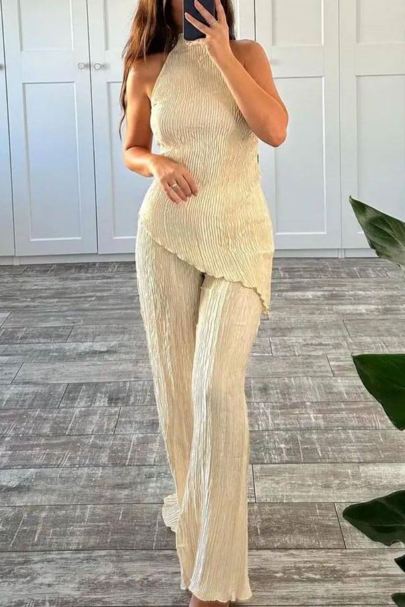 Buffy Sleeveless Halter Top High Waist Casual Wide Leg Trousers Suit
