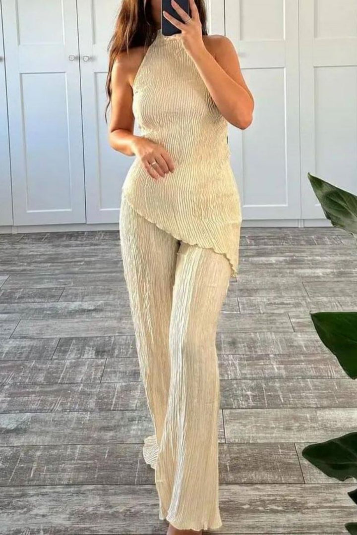 Buffy Sleeveless Halter Top High Waist Casual Wide Leg Trousers Suit