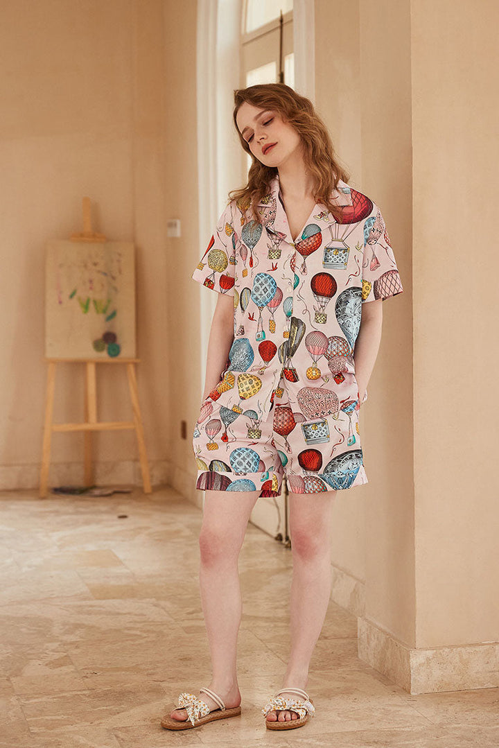 Carina- Hot Air Balloon Print Open-Front Short-Sleeve Pajama Set