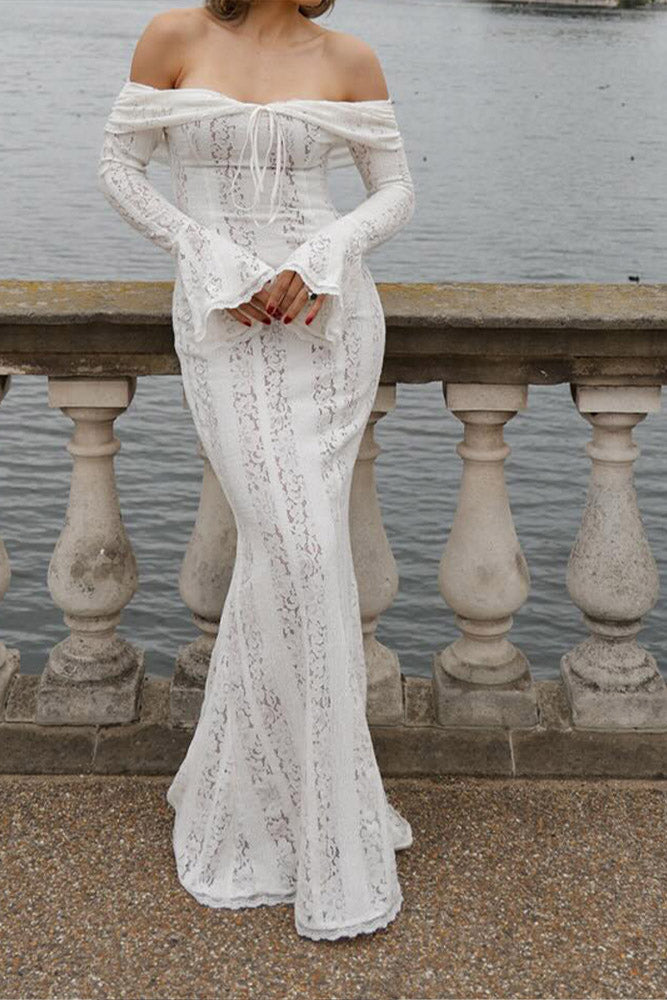Filemon Lace Flared Sleeve off-Shoulder Dress