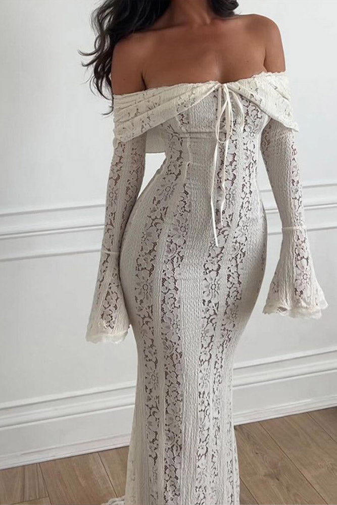 Filemon Lace Flared Sleeve off-Shoulder Dress