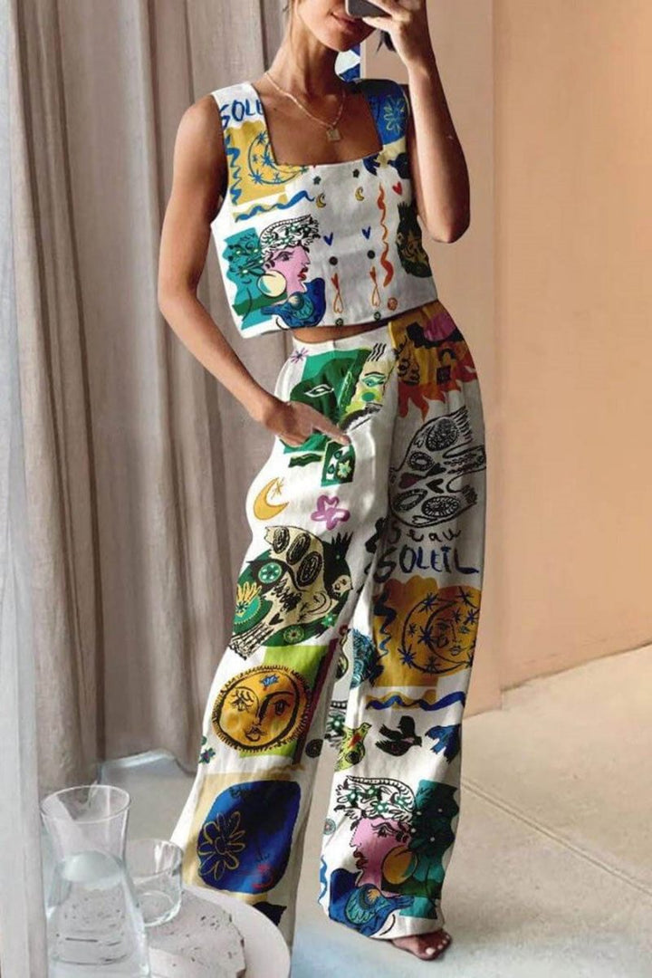 Caprina-Unique Print Tank and Back Elastic Waist Pocketed Pants Set