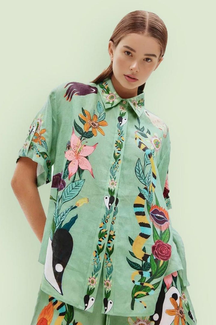 Janice-Unique Ethnic Print Loose Shirt And Shorts Set