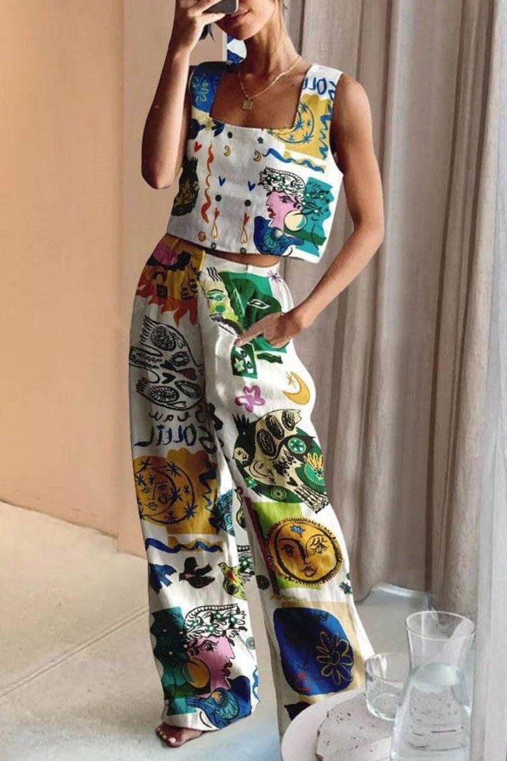 Caprina-Unique Print Tank and Back Elastic Waist Pocketed Pants Set