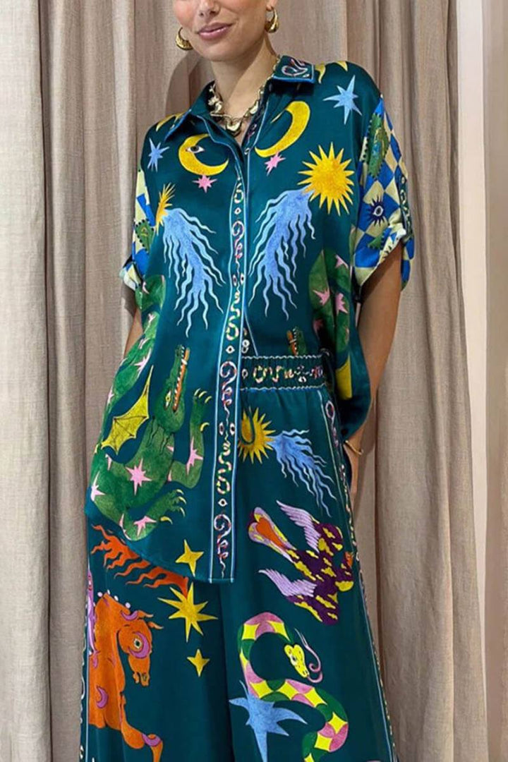 Avalon-Unique Print Elastic Waist Pocketed Wide Leg Pants Set