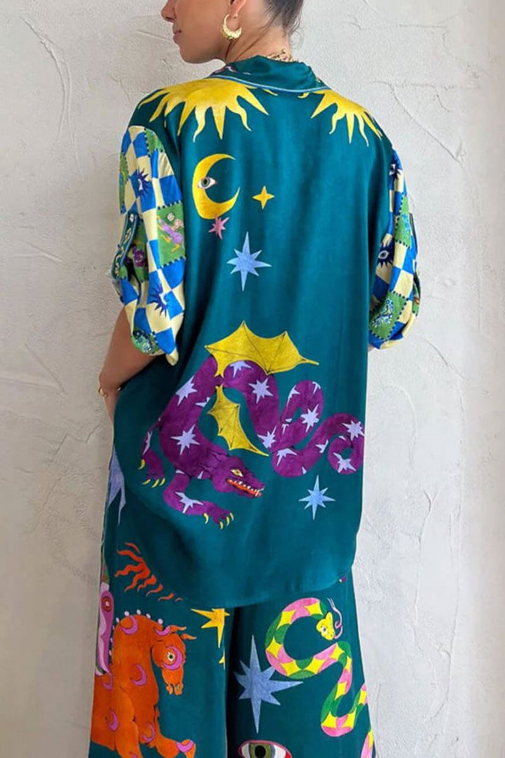 Avalon-Unique Print Elastic Waist Pocketed Wide Leg Pants Set