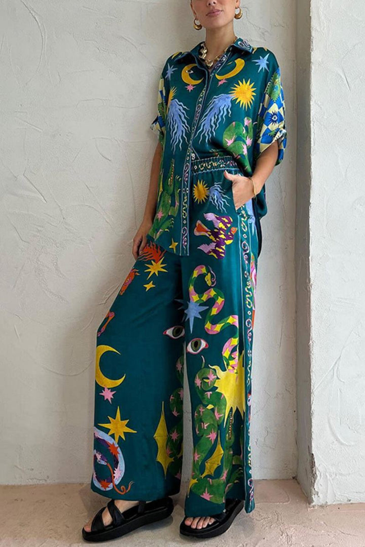 Avalon-Unique Print Elastic Waist Pocketed Wide Leg Pants Set
