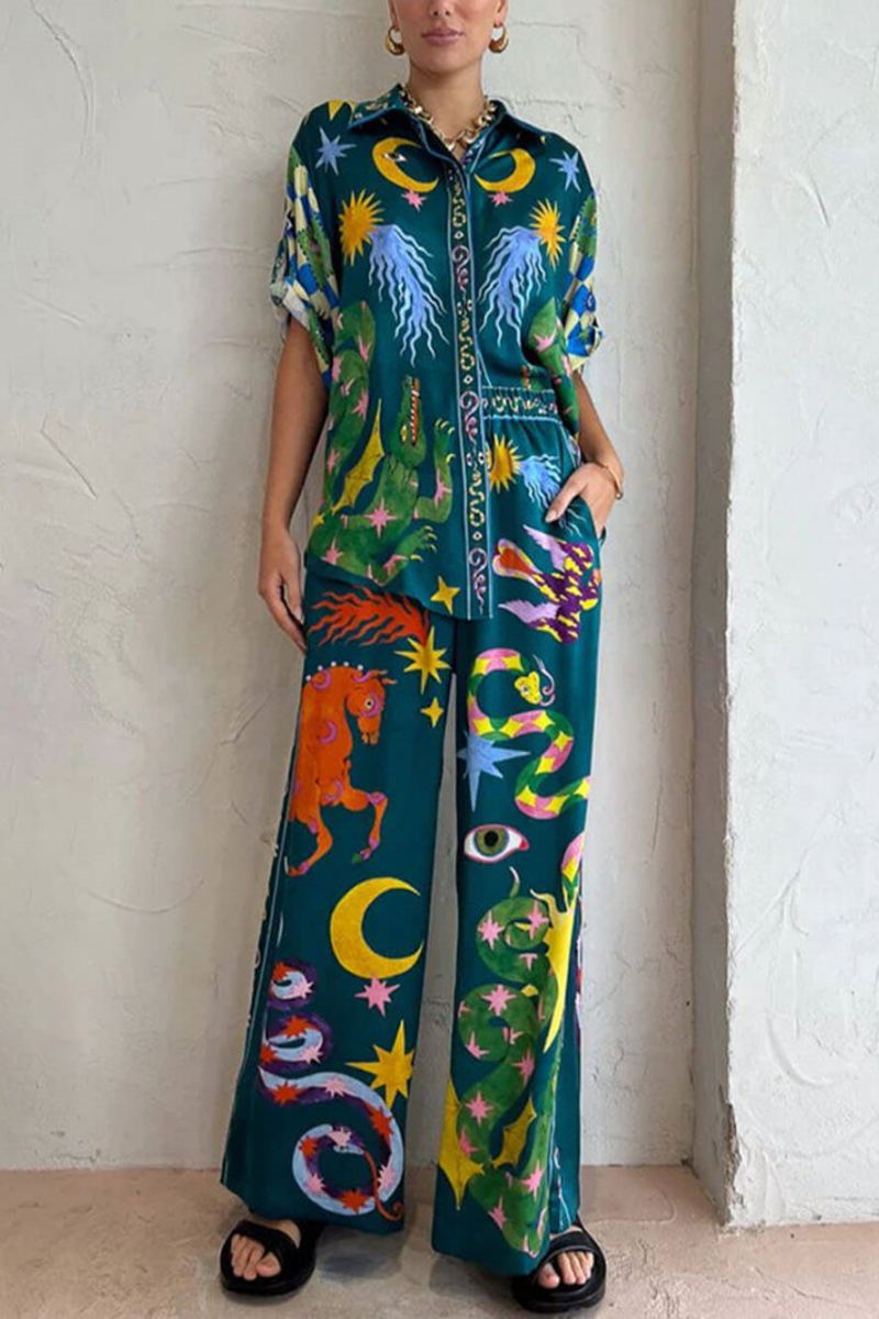 Avalon-Unique Print Elastic Waist Pocketed Wide Leg Pants Set