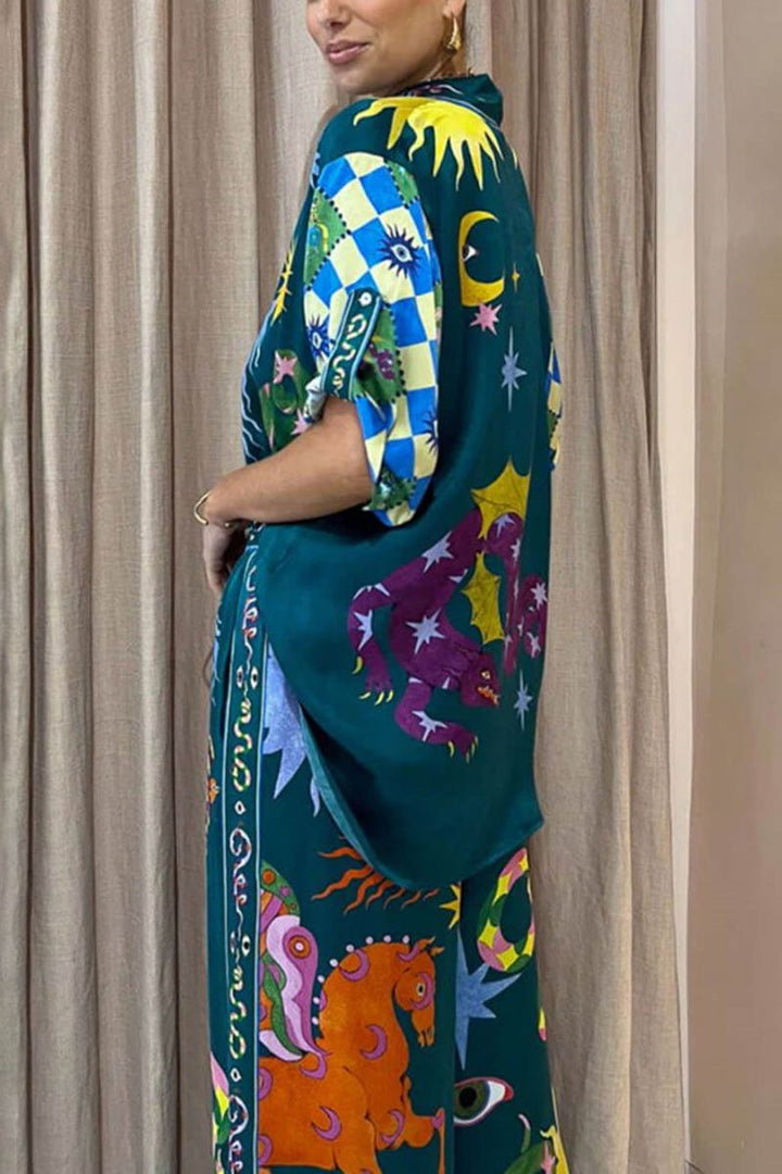Avalon-Unique Print Elastic Waist Pocketed Wide Leg Pants Set