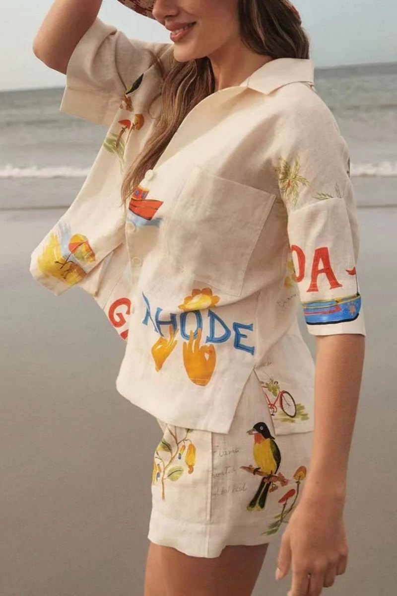 Cova-Unique Holiday Folk Floral Print Loose Shorts Two-Piece Set