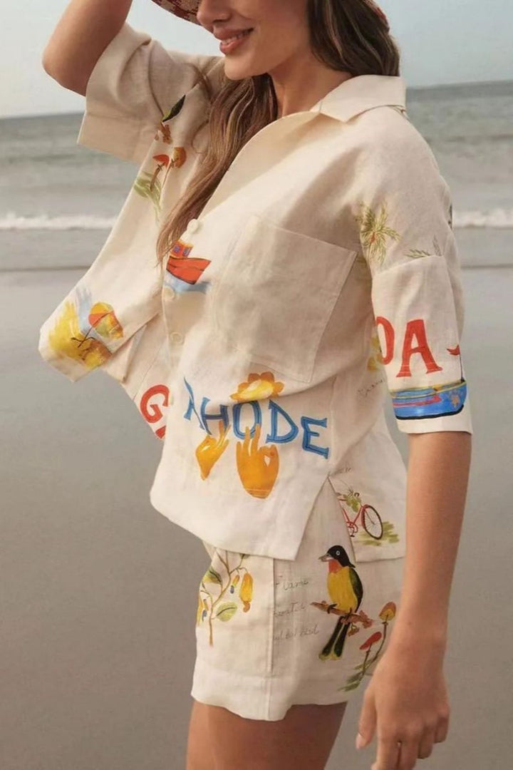 Cova-Unique Holiday Folk Floral Print Loose Shorts Two-Piece Set