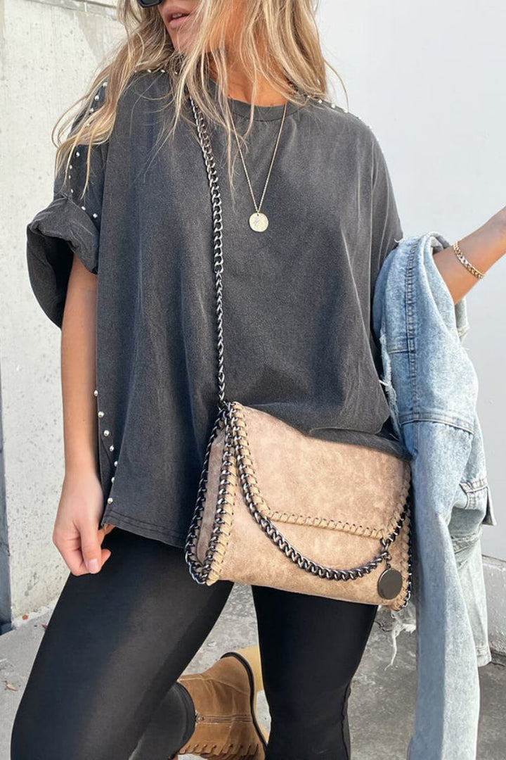 Ani Roll Up Sleeve Studded Oversized Tee