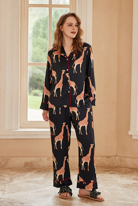 Dahlia Long-Sleeve Ice Silk Loungewear Set - Black