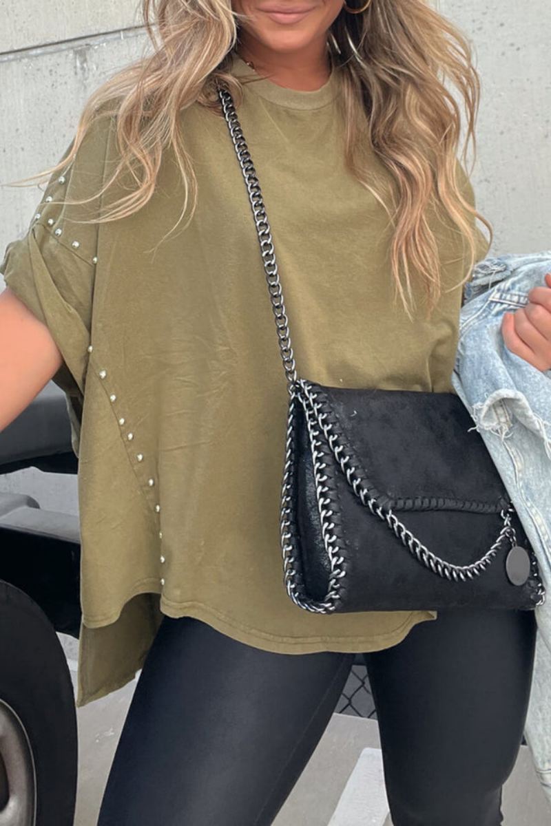 Ani Roll Up Sleeve Studded Oversized Tee