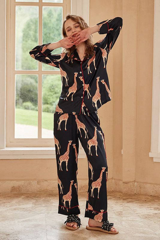 Dahlia Long-Sleeve Ice Silk Loungewear Set - Black