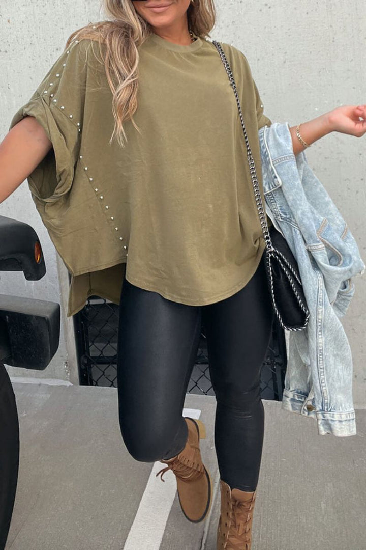 Ani Roll Up Sleeve Studded Oversized Tee
