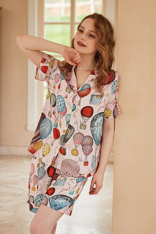 Carina- Hot Air Balloon Print Open-Front Short-Sleeve Pajama Set