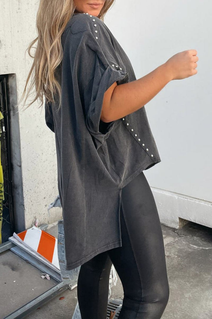 Ani Roll Up Sleeve Studded Oversized Tee