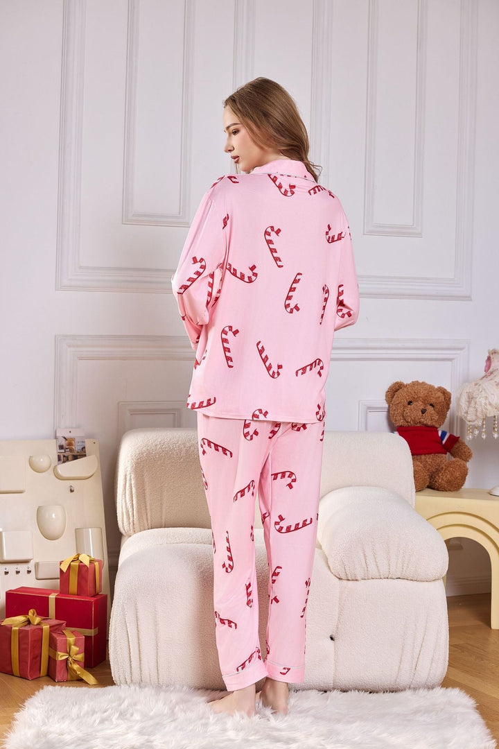 Everest Pink Candy Cane Print Satin Long PJ Set