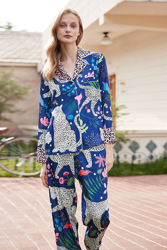 Fatema TaylorBlue Snow Leopard Print Pajama Set