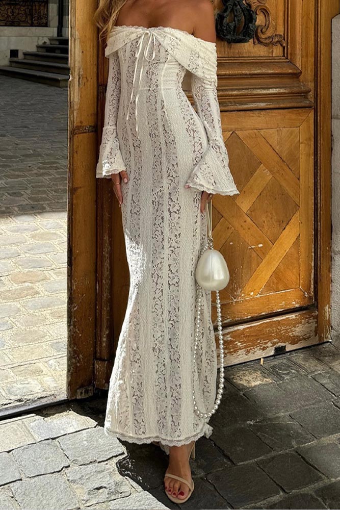 Filemon Lace Flared Sleeve off-Shoulder Dress