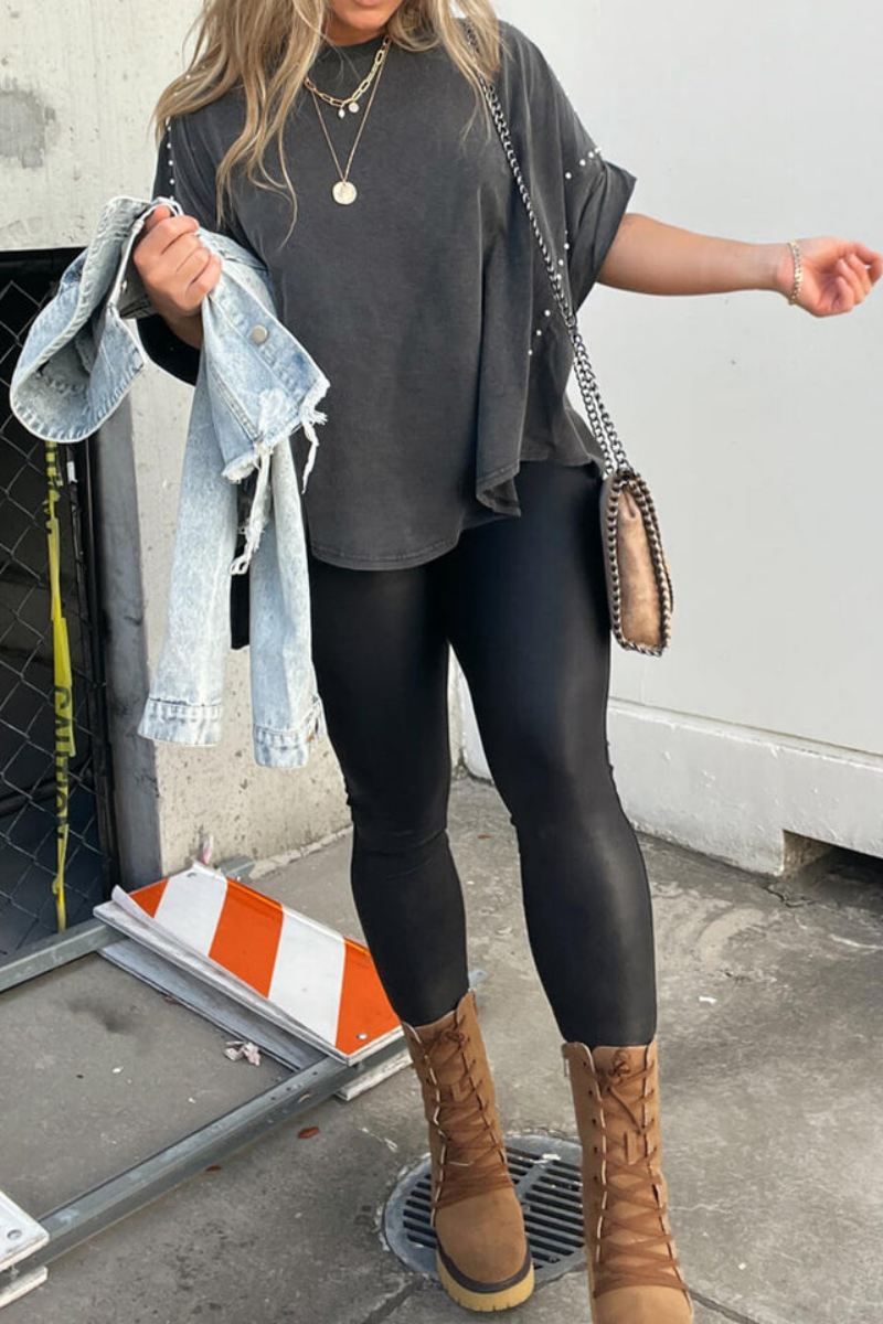 Ani Roll Up Sleeve Studded Oversized Tee