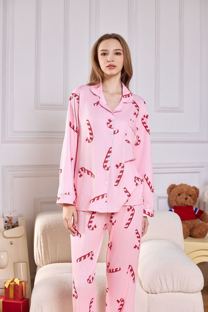 Everest Pink Candy Cane Print Satin Long PJ Set