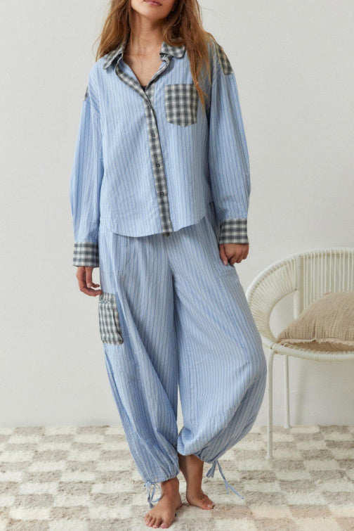 Rue Sky Blue Loose Splice Pajama Set