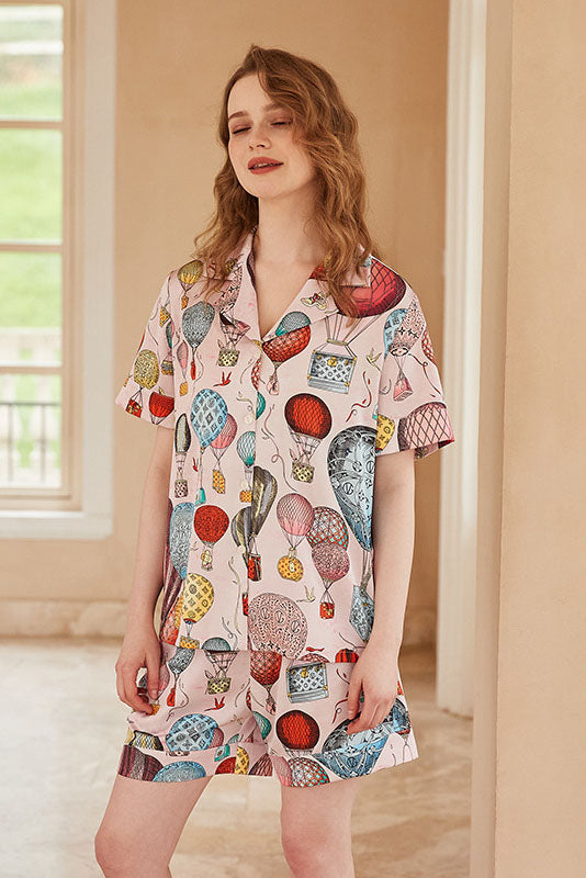Carina- Hot Air Balloon Print Open-Front Short-Sleeve Pajama Set