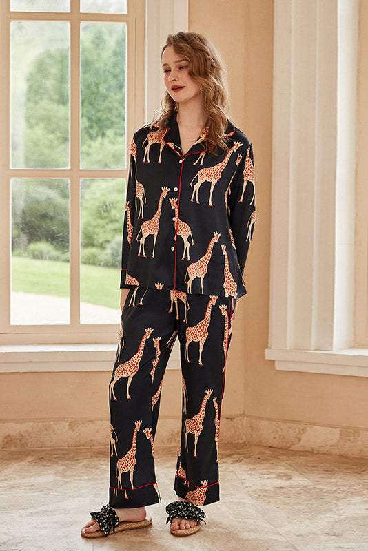 Dahlia Long-Sleeve Ice Silk Loungewear Set - Black