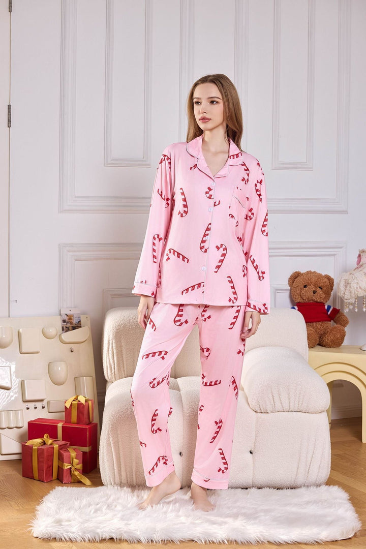 Everest Pink Candy Cane Print Satin Long PJ Set