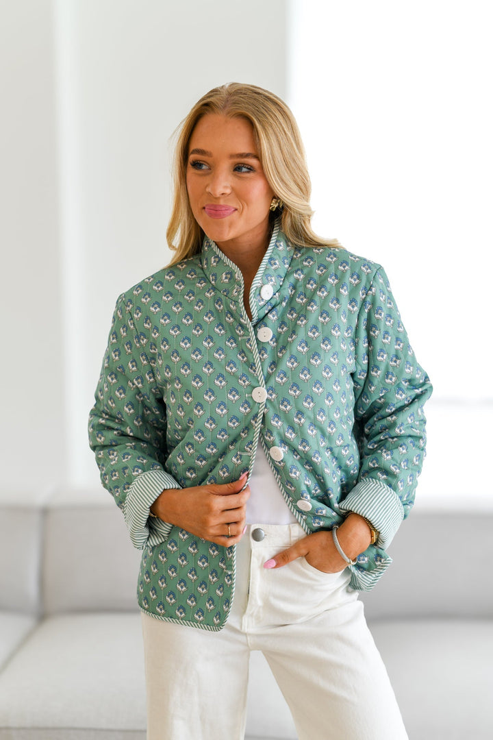 Antonella Printed Quilted Jacket-Teal Green