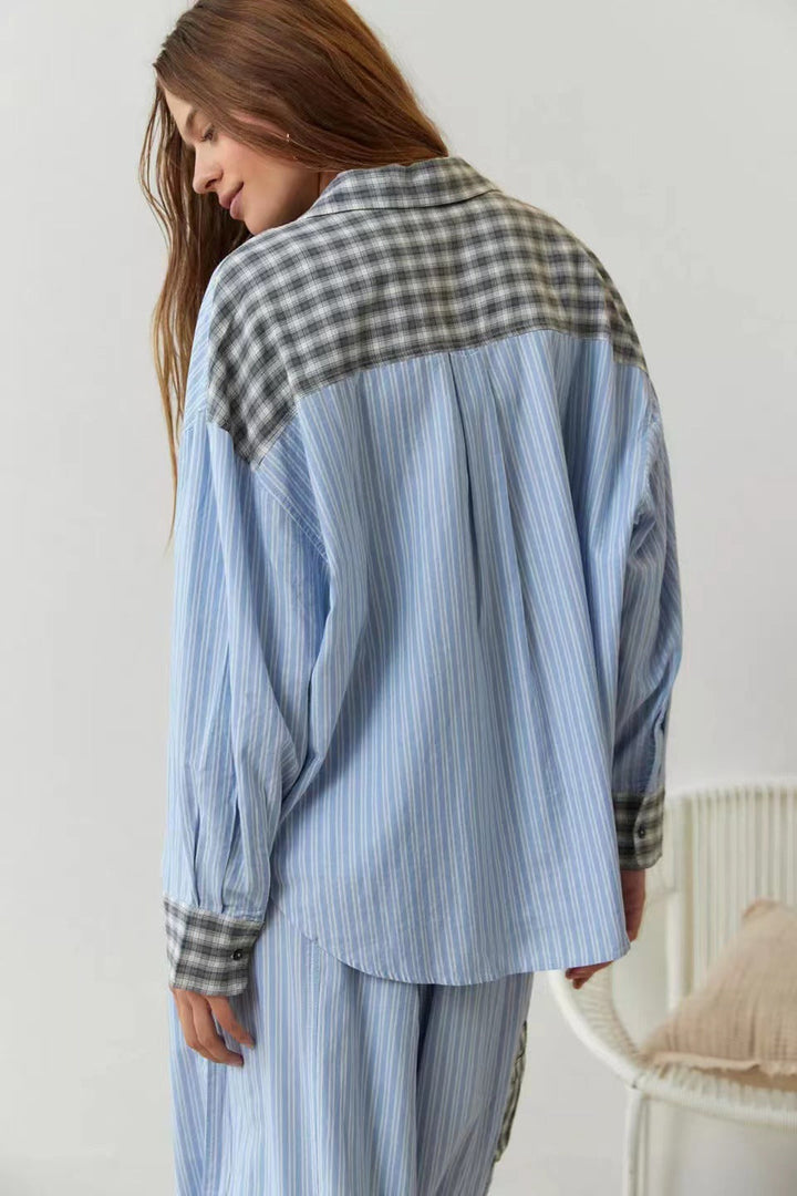Rue Sky Blue Loose Splice Pajama Set