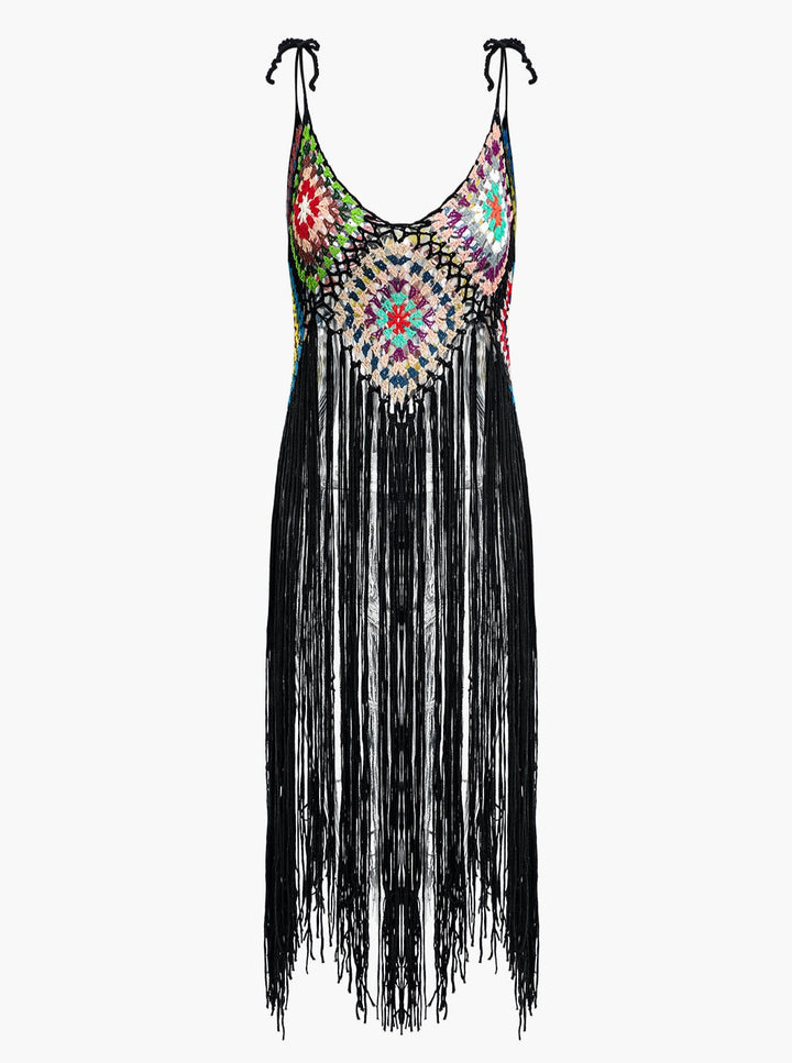 Gretel Rainbow Square Pattern Fringe Crochet Knit Cami Top