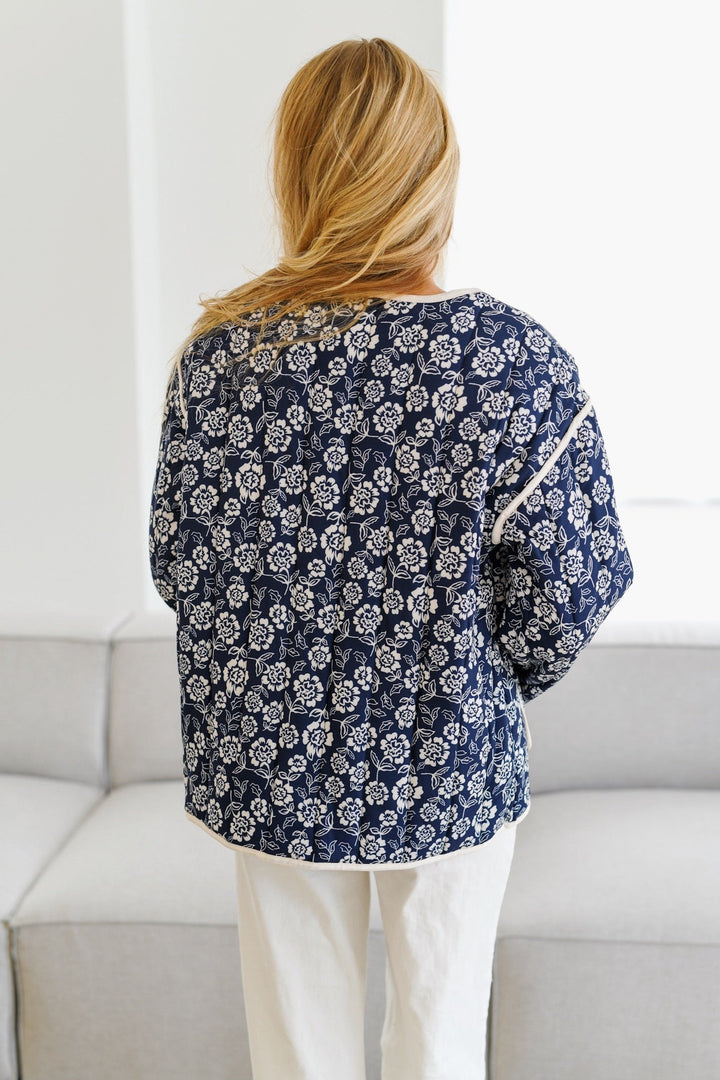 Gabriela Printed Quilted Jacket-Navy/Cream
