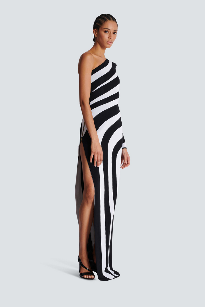 Esme One Shoulder Slit Asymmetrical Striped Maxi Dress