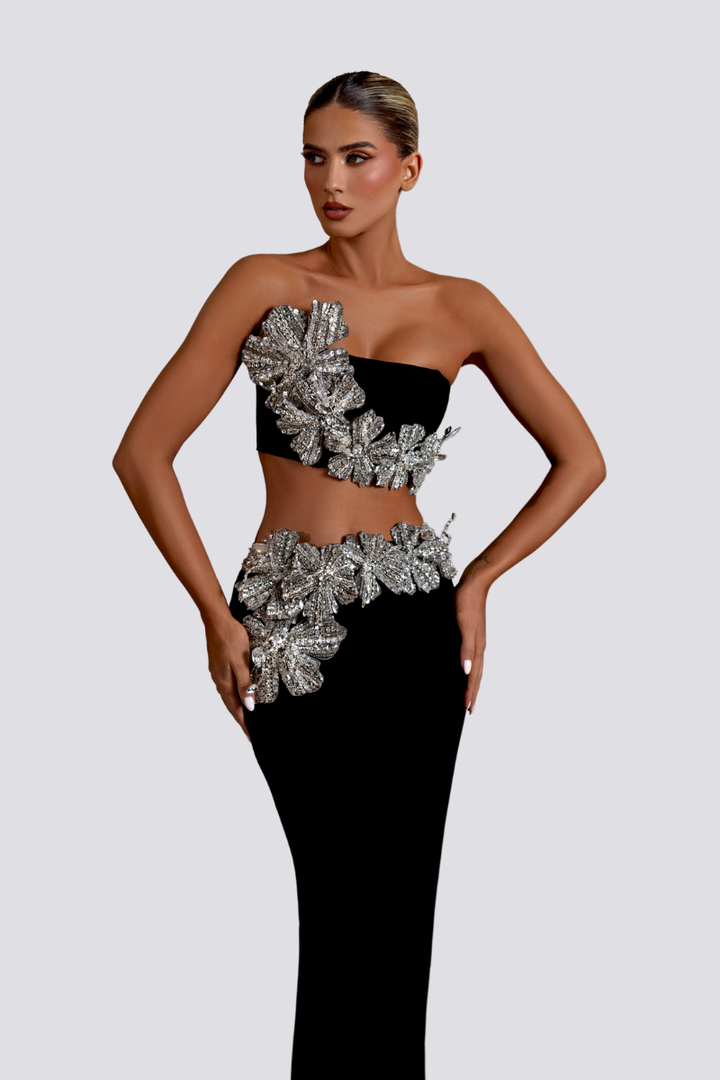 Dazz Strapless Floral Rhinestone Skirt Set