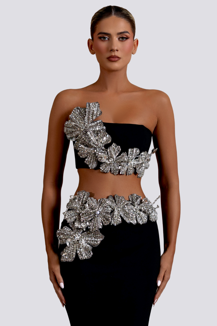 Dazz Strapless Floral Rhinestone Skirt Set
