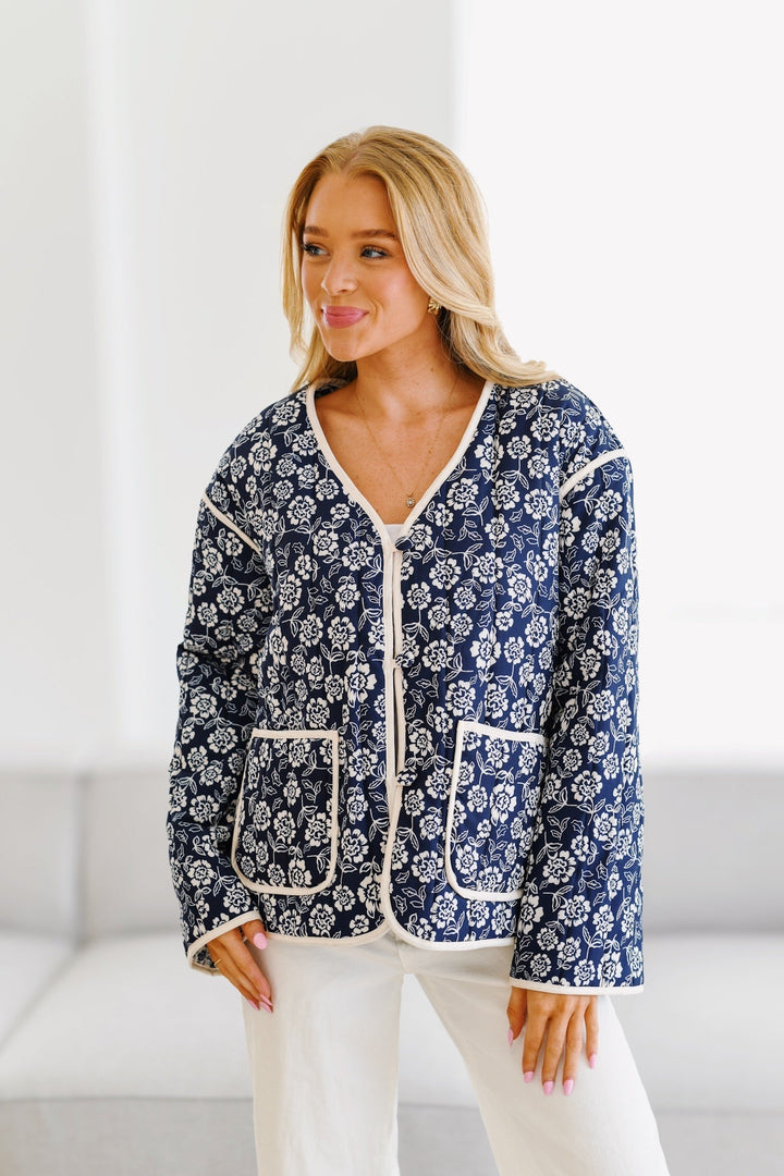 Gabriela Printed Quilted Jacket-Navy/Cream