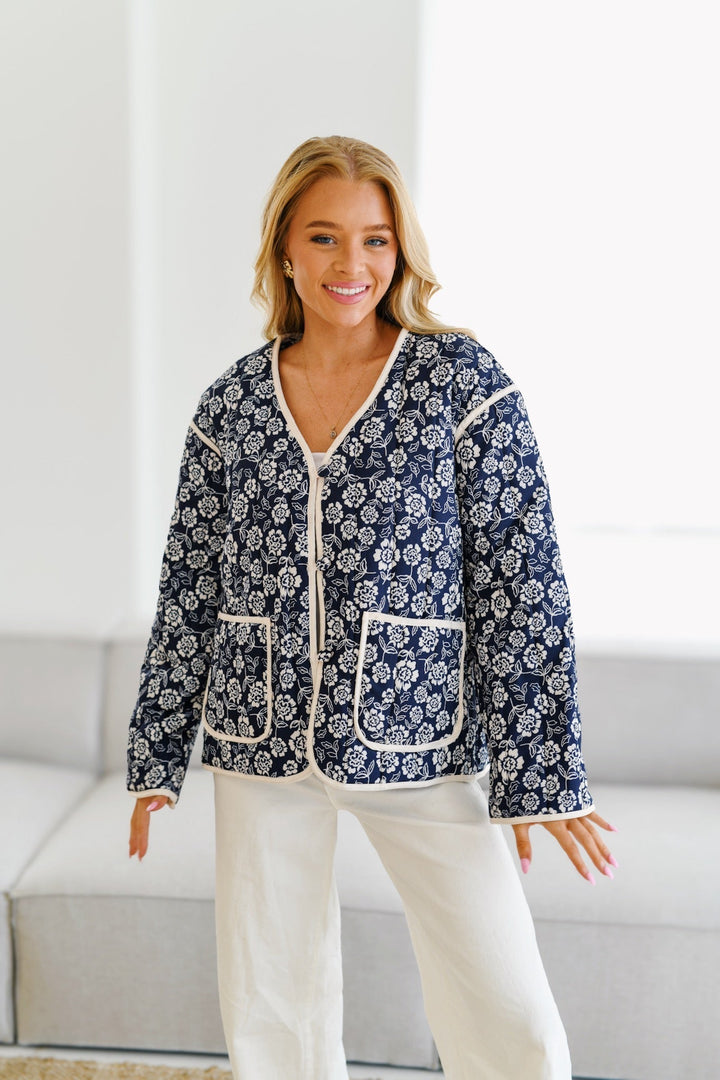 Gabriela Printed Quilted Jacket-Navy/Cream