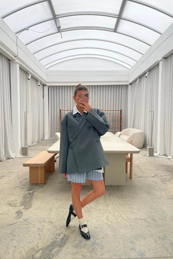 Ellerie Oversized Side Slit Blazer Steel Blue